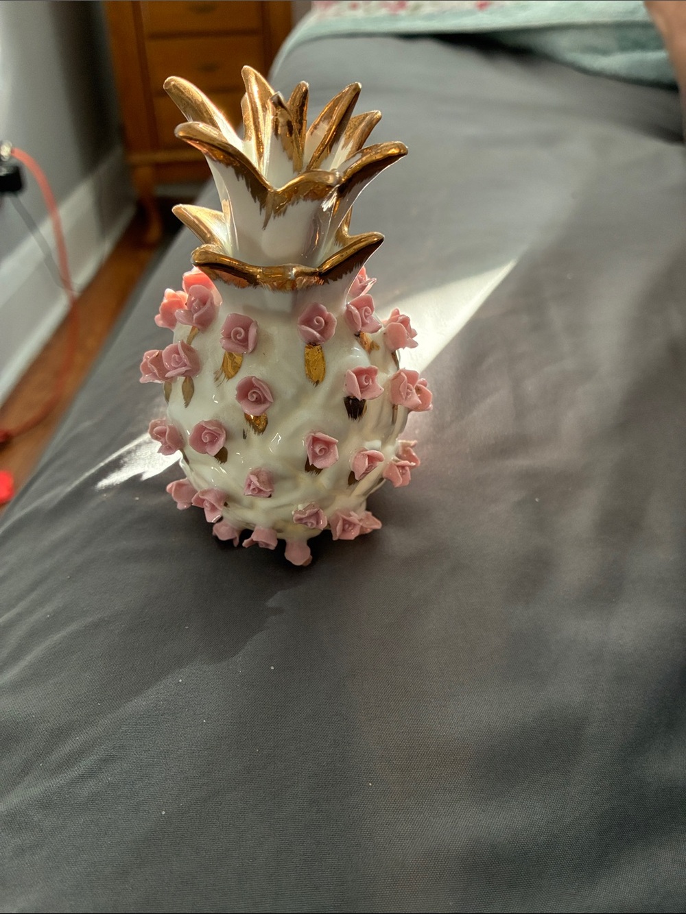 Decorative White Pineapple with Pink Roses and Gold Accents
